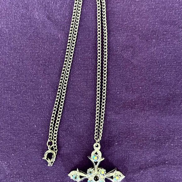 Silver-Tone Necklace w/Iridescent Crystal Cross - Picture 3 of 4